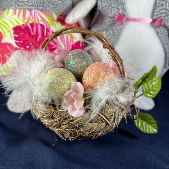 Easter Bunny Plush Decoration Pair With Glitter Egg Basket - Spring Décor - Picture 2 of 3